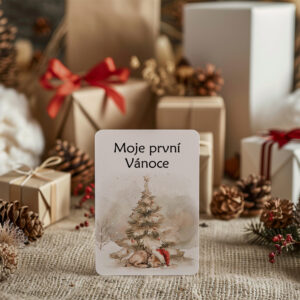 Milníková kartička Moje první Vánoce s ilustrací vánočního stromečku a kolouška od Julie Vanhaber – ideální k focení prvních Vánoc miminka.