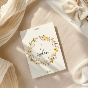 Milníková kartička „1. týden“ z kolekce Větvičky – béžovo-zlatá akvarelová ilustrace.