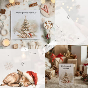 Koláž vánočního fotoalba a milníkové kartičky Moje první Vánoce s jemnými ilustracemi kolouška a stromečku – autorská tvorba Julie Vanhaber.