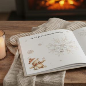 Stránka První procházka ve sněhu z alba Moje první Vánoce s medvídkem v čepici – ručně kreslené ilustrace od Julie Vanhaber.