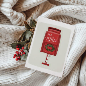 Pohlednice s červenou schránkou Pro Ježíška – vánoční motiv od Julie Vanhaber.
