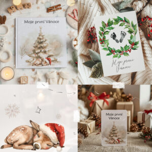 Vánoční sada Moje první Vánoce – autorské fotoalbum, milníkové kartičky a ilustrovaný plakát od Julie Vanhaber. Ručně tvořený set pro uchování prvních vánočních vzpomínek miminka.