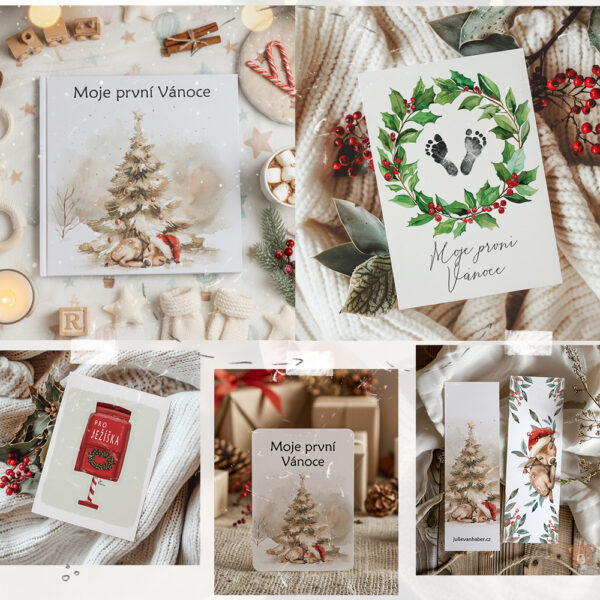 Kompletní vánoční sada Moje první Vánoce od Julie Vanhaber – autorské fotoalbum, milníkové kartičky, ilustrovaný plakát, záložka a pohlednice s jemnými vánočními motivy. Ručně tvořeno v Česku s citem a péčí.