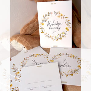 Sada milníkových kartiček Větvičky v béžovo-zlaté barvě od Julie Vanhaber – jemná autorská ilustrace.