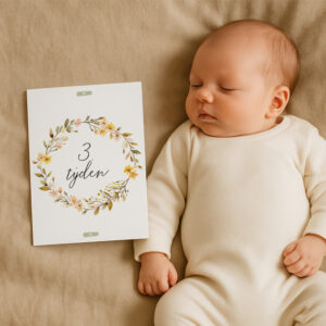 Miminko s milníkovou kartičkou „3. týden“ z kolekce Větvičky – béžovo-zlaté akvarelové motivy.