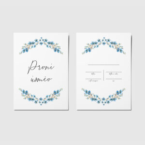 Milníková kartička „První úsměv“ z kolekce Větvičky – autorská ilustrace v jemných modrých tónech.