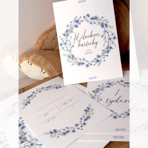 Sada milníkových kartiček Větvičky od Julie Vanhaber s jemnou modrou květinovou ilustrací.