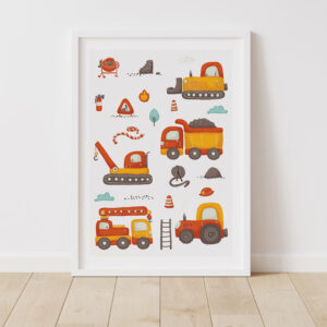 Plakát Stavební stroje od Julie Vanhaber v dětském pokoji s přírodními doplňky a hračkami.