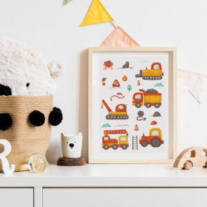 Autorský plakát Julie Vanhaber se stavebními stroji v rámu – bagr, náklaďák, jeřáb a další vozidla v teplých tónech.