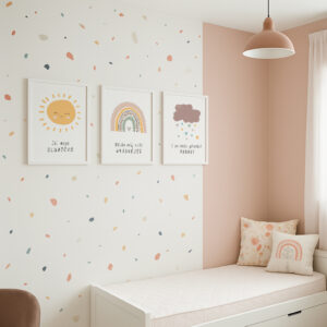 Sada tří dětských plakátů – sluníčko, duha a obláček v jemných pastelových barvách, zavěšená nad postýlkou v holčičím pokojíčku.