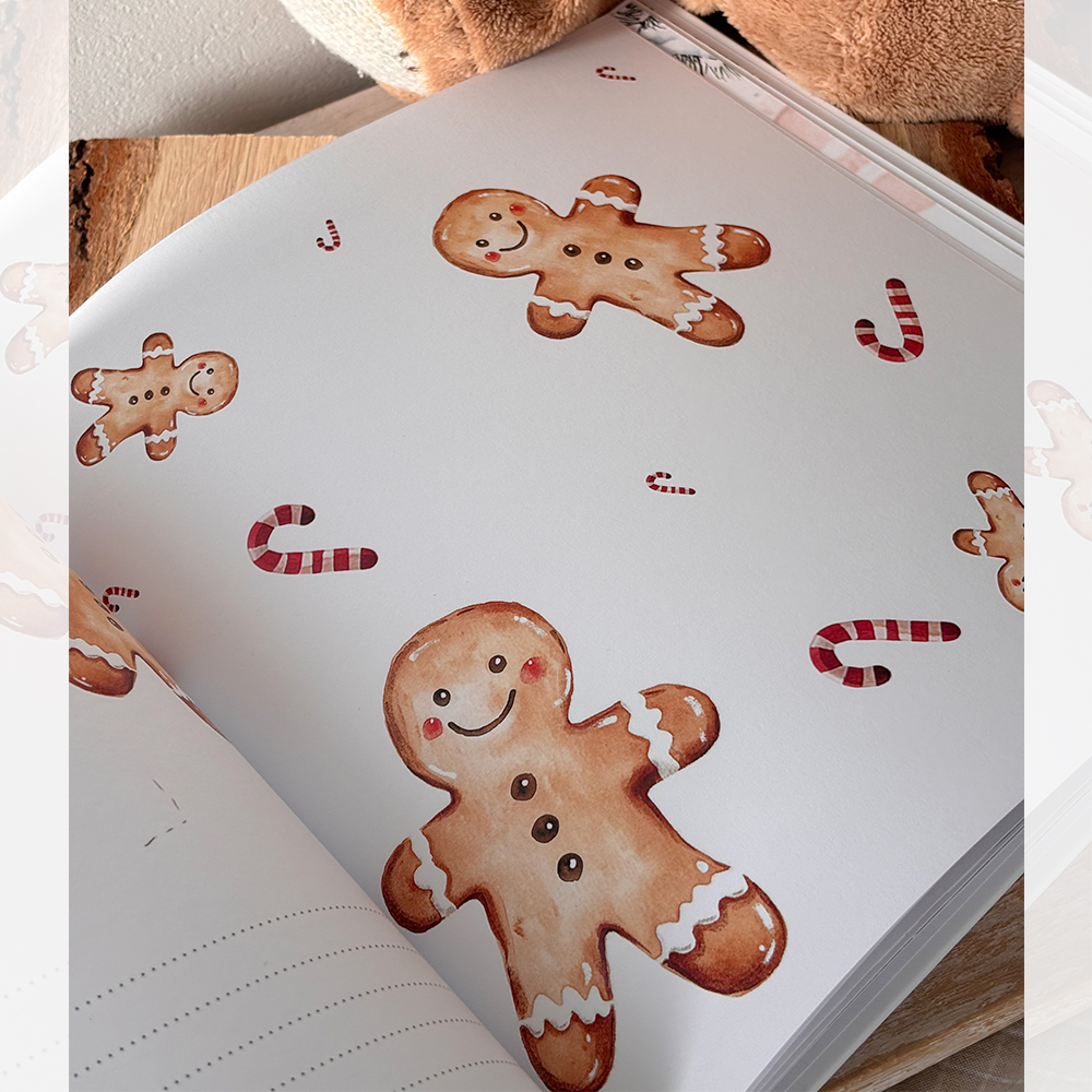 Stránka s ilustracemi perníčků a cukrovinek z vánočního dětského alba