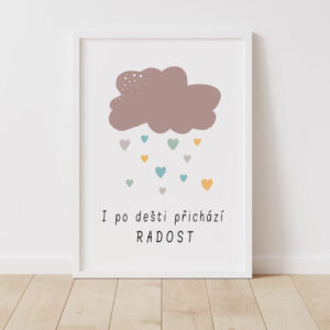 Plakát do dětského pokoje – I po dešti přichází radost, jemná ilustrace mraku a srdíček