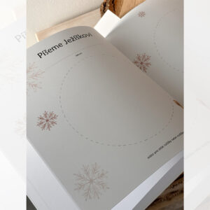 Stránka „Píšeme Ježíškovi“ z vánočního dětského alba s ilustracemi sněhových vloček