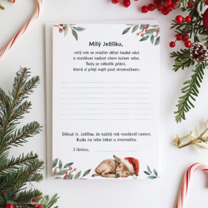 Dopis pro Ježíška s ilustrací jelínka a vánoční výzdobou – vánoční přání pro děti