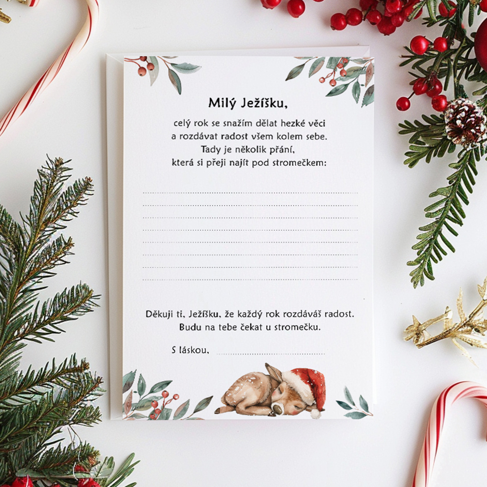 Dopis pro Ježíška s ilustrací jelínka a vánoční výzdobou – vánoční přání pro děti