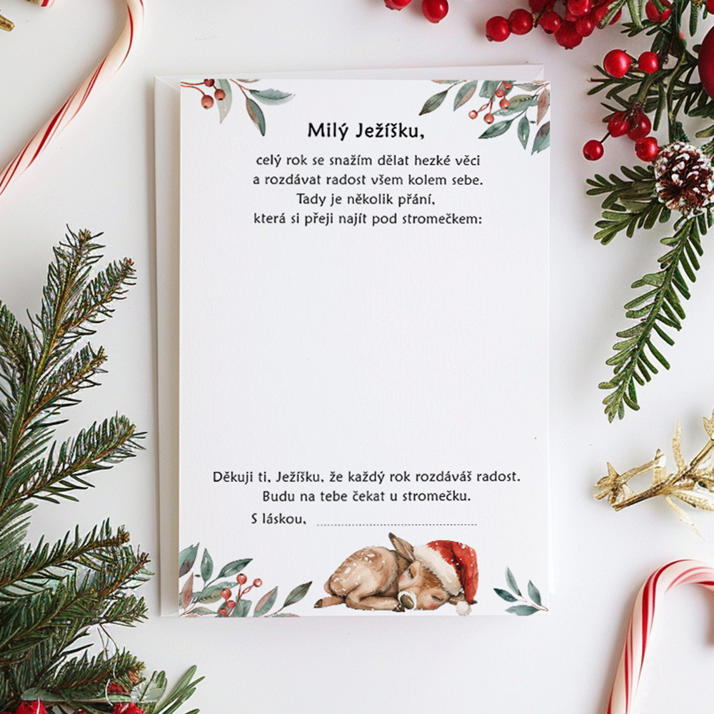 Dopis pro Ježíška s ilustrací jelínka a vánoční výzdobou – vánoční přání pro děti