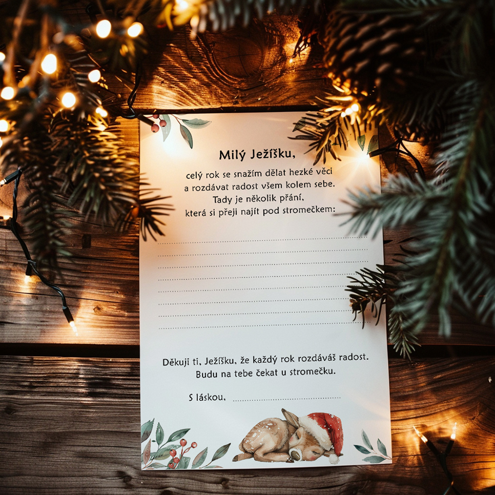 Dopis pro Ježíška s ilustrací jelínka a vánoční výzdobou – vánoční přání pro děti