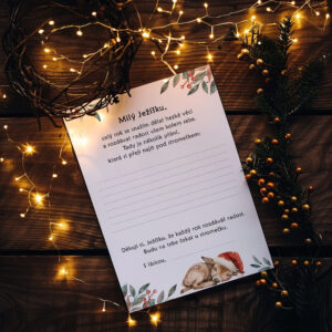 Dopis pro Ježíška s ilustrací jelínka a vánoční výzdobou – vánoční přání pro děti