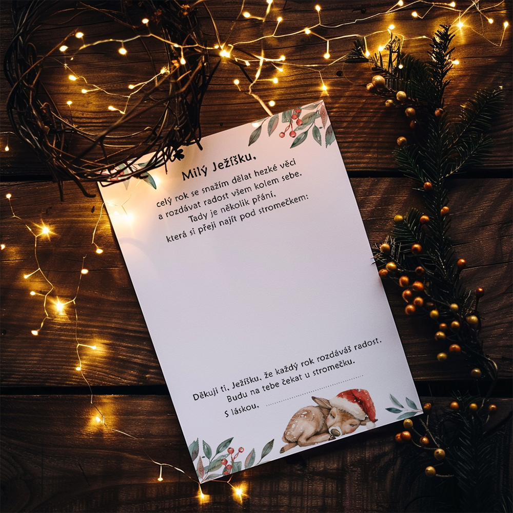 Dopis pro Ježíška s ilustrací jelínka a vánoční výzdobou – vánoční přání pro děti