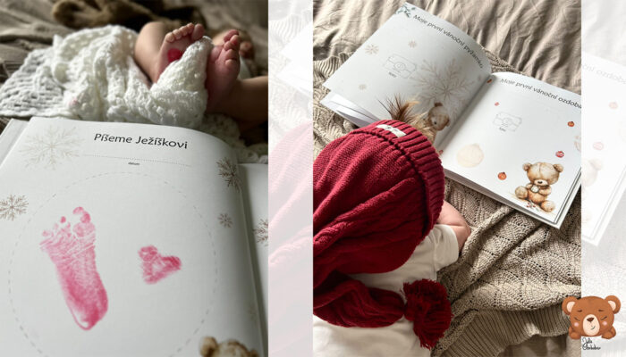 Miminko s červenou vánoční čepičkou listuje albem Moje první Vánoce od Julie Vanhaber. Stránky s medvídkem a nápisem „Píšeme Ježíškovi“.