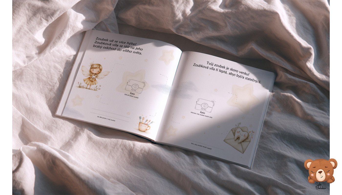 Dětské album „Moje první zoubky – Dobrodružství se zoubkovou vílou“ od Julie Vanhaber, s ilustrací víly držící zoubek.