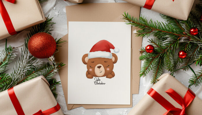 Vánoční přání s medvídkem v čepičce od Julie Vanhaber, obklopené dárky, větvičkami a ozdobami.