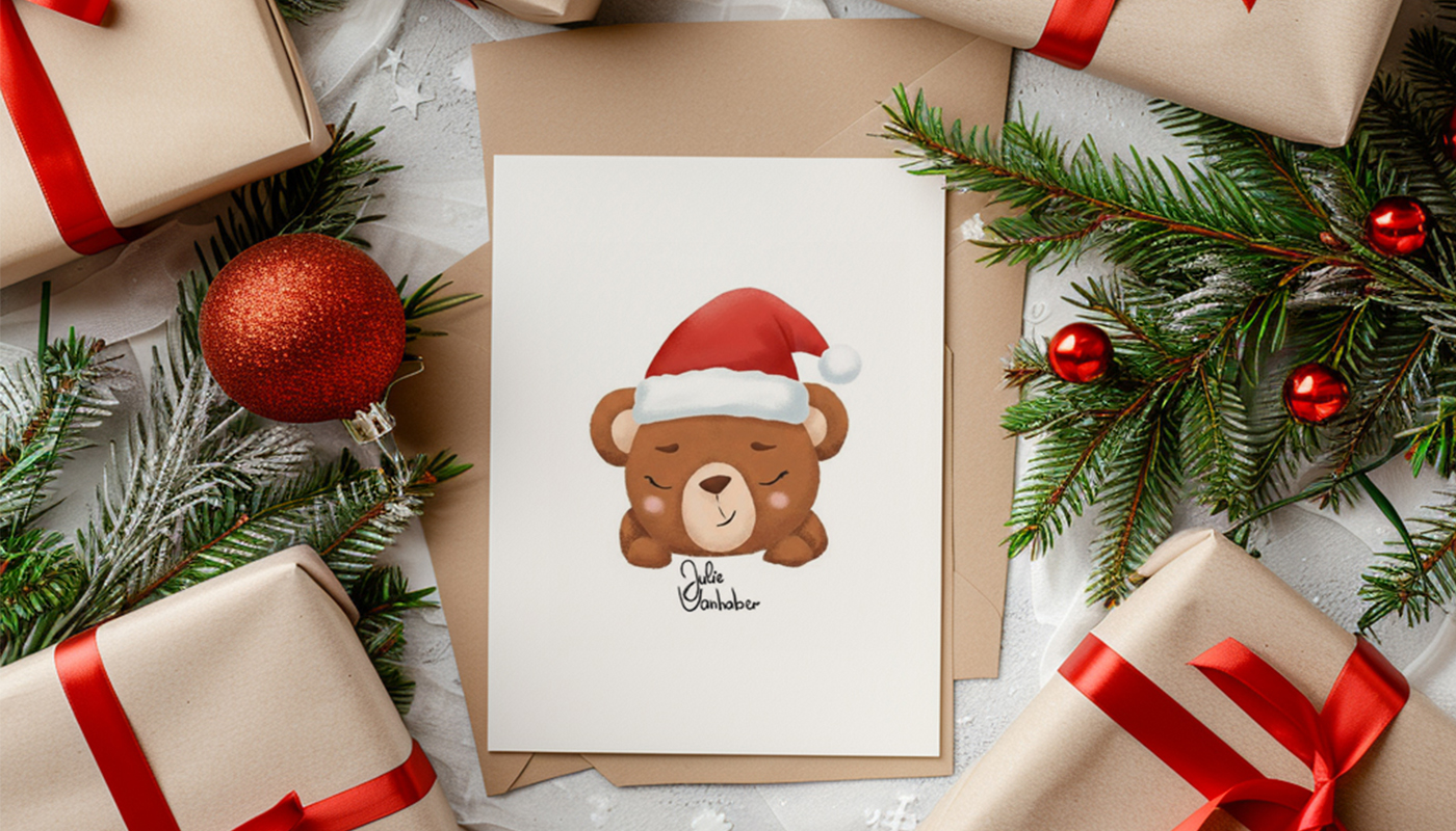 Vánoční přání s medvídkem v čepičce od Julie Vanhaber, obklopené dárky, větvičkami a ozdobami.