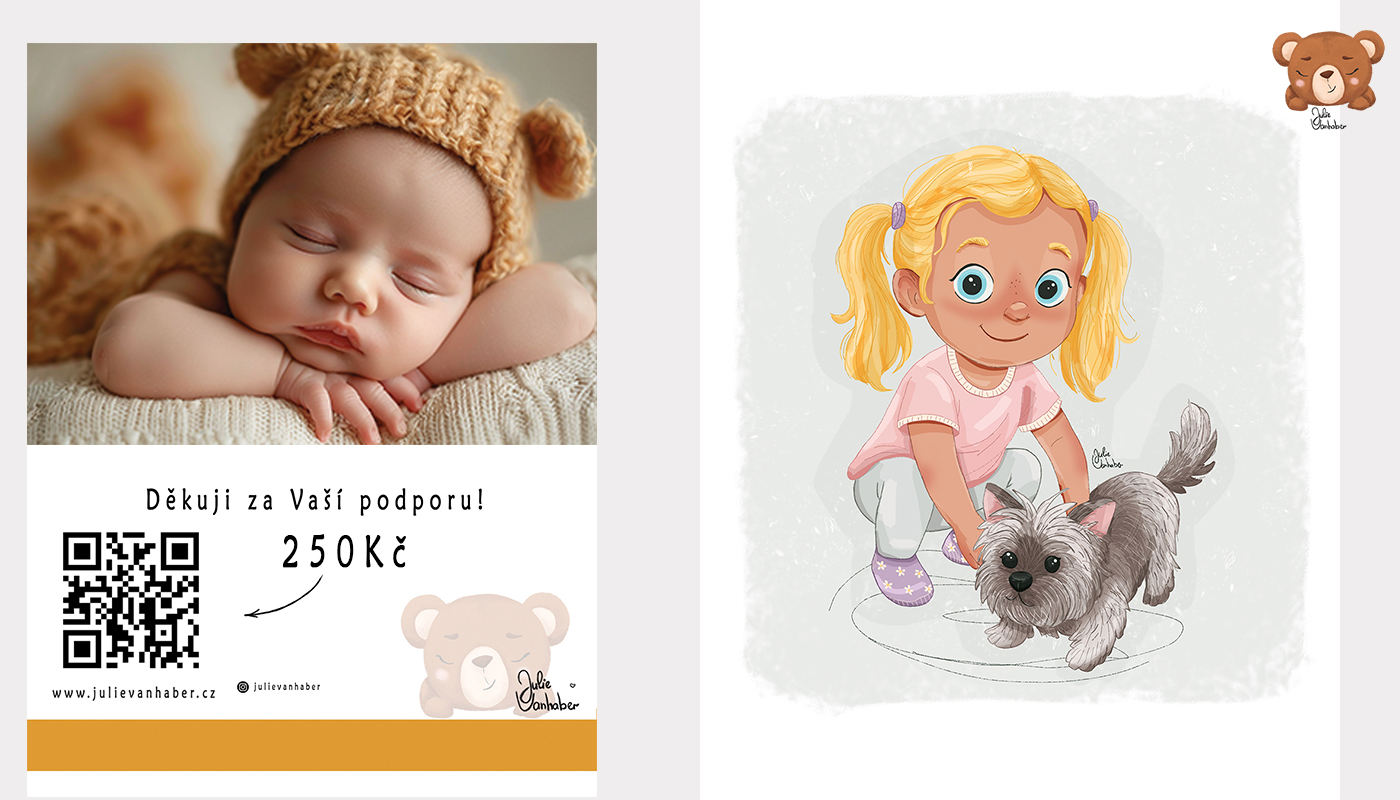 Děkovná karta Julie Vanhaber s motivem miminka a ilustrace holčičky se psem – autorská tvorba.