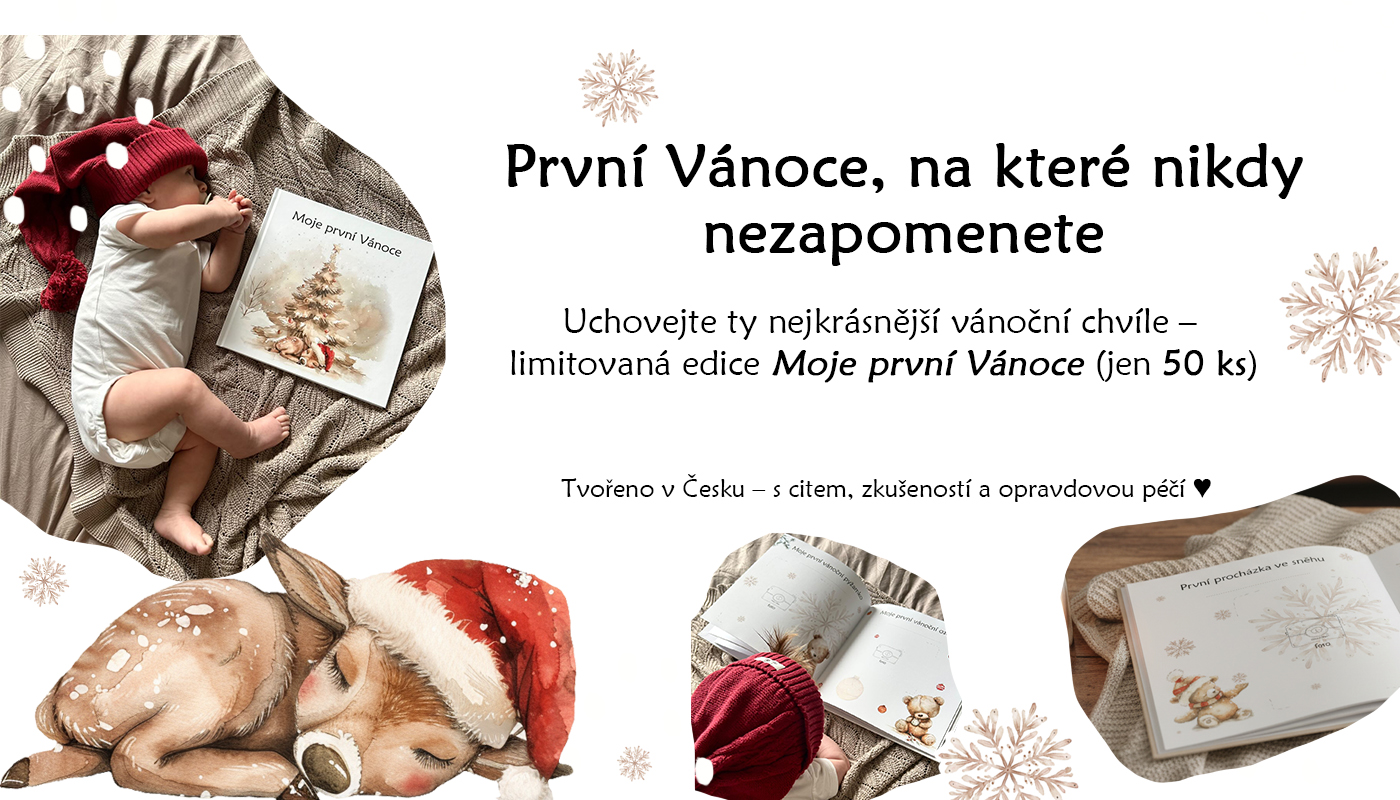 Reklamní banner s miminkem a fotoalbem Moje první Vánoce od Julie Vanhaber – limitovaná edice autorského vánočního alba pro uchování prvních vzpomínek miminka.
