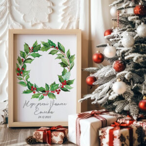 Vánoční personalizovaný plakát s akvarelovým věncem a nápisem Moje první Vánoce