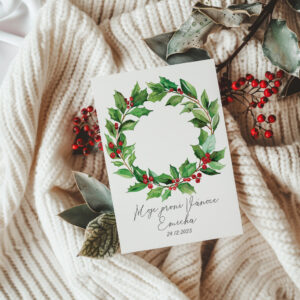 Vánoční personalizovaný plakát s akvarelovým věncem a nápisem Moje první Vánoce