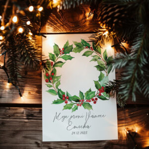 Vánoční personalizovaný plakát s akvarelovým věncem a nápisem Moje první Vánoce