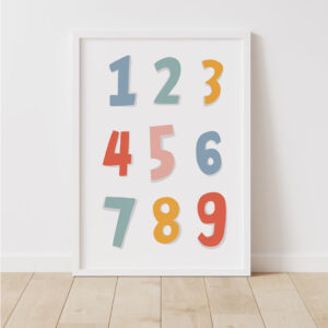 Dětský plakát s barevnými čísly 1 až 9 v bílém rámu, vhodný do dětského pokojíčku.