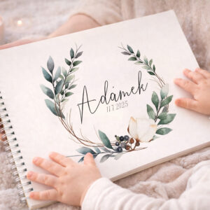Personalizované vzpomínkové album pro miminko s jemným květinovým věnečkem, jméno a datum narození