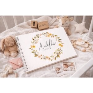 Personalizované vzpomínkové album pro miminko s jemným květinovým věnečkem, jméno a datum narození