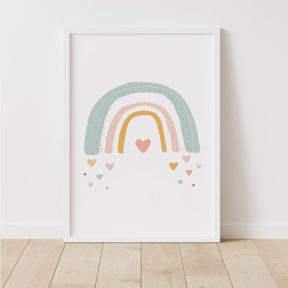 Jemný plakát s duhou v pastelových barvách do dětského pokojíčku