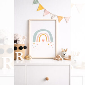 Jemný plakát s duhou v pastelových barvách do dětského pokojíčku