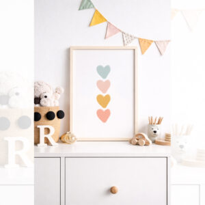 Jemný plakát se srdíčky v pastelových barvách do dětského pokojíčku