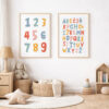 Dětské plakáty s čísly 1–9 a českou abecedou v jemných barvách, zarámované v dřevěných rámech na zdi dětského pokoje.