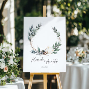 Personalizovaný svatební plakát Magnolie s jemným květinovým věncem a možností doplnění jmen a data svatby