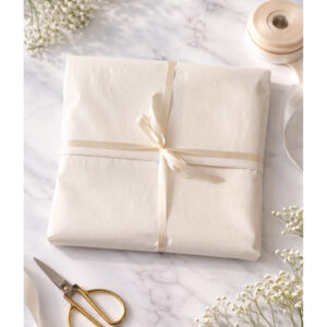 Dárkově zabalené album pro miminko v krémovém papíru se stuhou, připravené k darování.