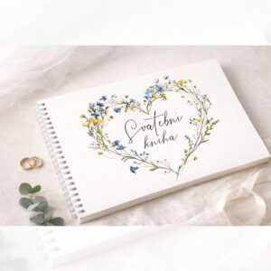 Svatební kniha hostů s jemným květinovým věnečkem a ručně psaným nápisem Svatební kniha