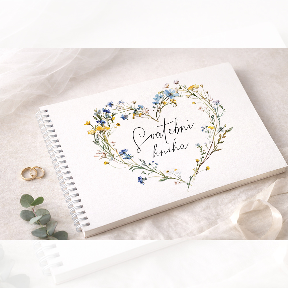 Svatební kniha hostů s jemným květinovým věnečkem a ručně psaným nápisem Svatební kniha