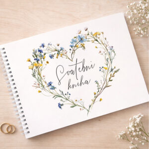 Svatební kniha hostů s jemným květinovým věnečkem a ručně psaným nápisem Svatební kniha