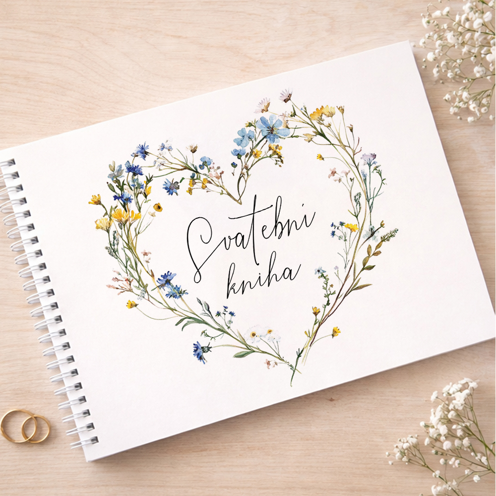 Svatební kniha hostů s jemným květinovým věnečkem a ručně psaným nápisem Svatební kniha