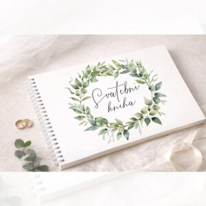 Svatební kniha hostů s jemným zeleným listovým věncem a ručně psaným nápisem Svatební kniha