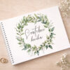 Svatební kniha hostů s jemným zeleným listovým věncem a ručně psaným nápisem Svatební kniha