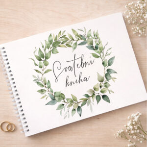 Svatební kniha hostů s jemným zeleným listovým věncem a ručně psaným nápisem Svatební kniha