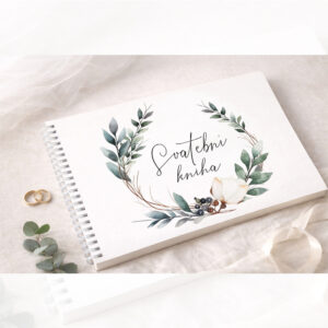 Svatební kniha hostů s botanickým věncem z eukalyptu a květu magnolie