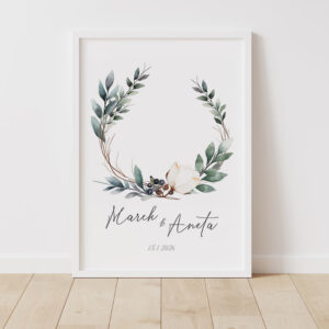 Personalizovaný svatební plakát Magnolie s jemným květinovým věncem a možností doplnění jmen a data svatby